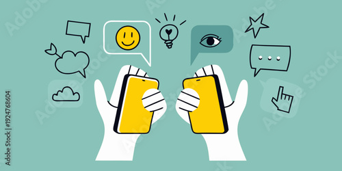 Hands holding phones with icons representing connection and digital ideas
