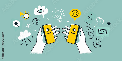 Two yellow smartphones held by hands with playful doodles surrounding them