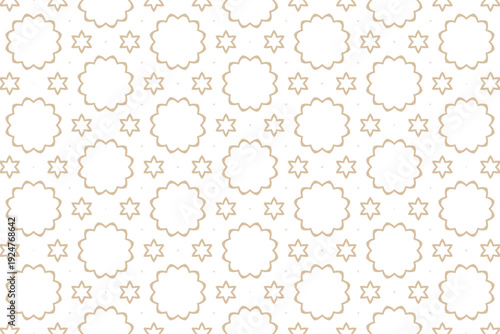 Seamless geometric pattern with beige outline stars and scalloped circles on white background