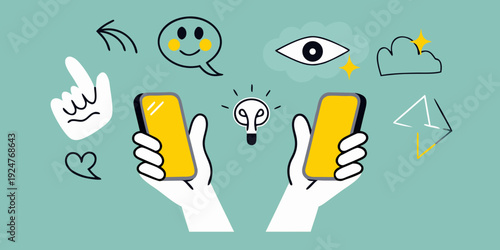 Hands holding phones with doodles representing ideas and digital connection