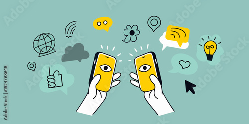 Hands holding smartphones surrounded by digital icons and connectivity symbols