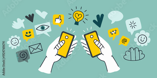 Hands holding phones with colorful icons and doodles surrounding them