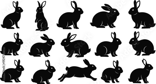 Rabbit silhouette collection featuring multiple bunny poses including sitting, standing and running animal illustration set for nature and wildlife design