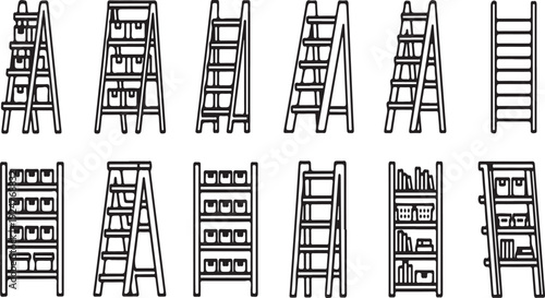 Various types of ladders and scaffolding structures in black and white Vector