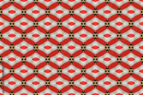 Red and white geometric seamless pattern with black and gold accents. Repeating abstract diamond shapes.