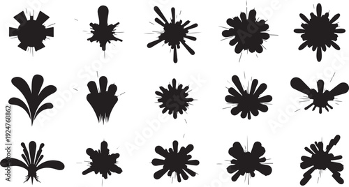 Collection of black ink splatter and paint flower designs