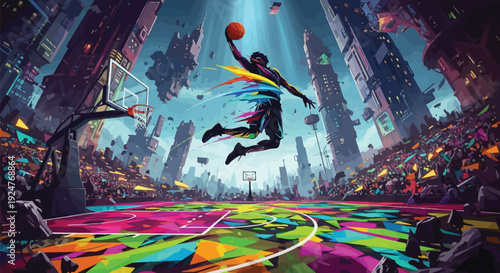 Vibrant basketball player soars through the air for an epic dunk, surrounded by an energetic, colorful court and a futuristic city skyline, capturing the essence of dynamic sport and abstract art.