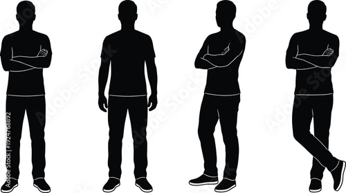 Male silhouette collection showing standing men in casual poses with crossed arms isolated on white background representing lifestyle and character concepts
