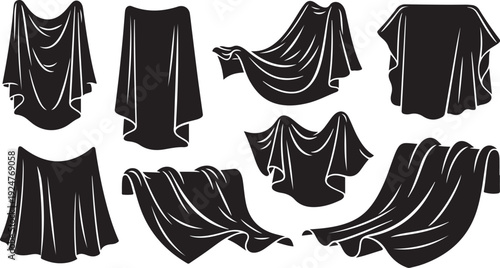 Collection of black fabric silhouettes with white outlines displayed