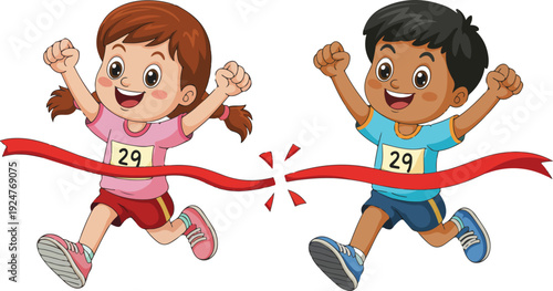 A cartoon illustration of two children crossing a finish line together, both wearing race bibs with the number "29".