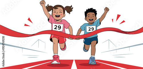A cartoon illustration of two children crossing a finish line together, both wearing race bibs with the number "29".