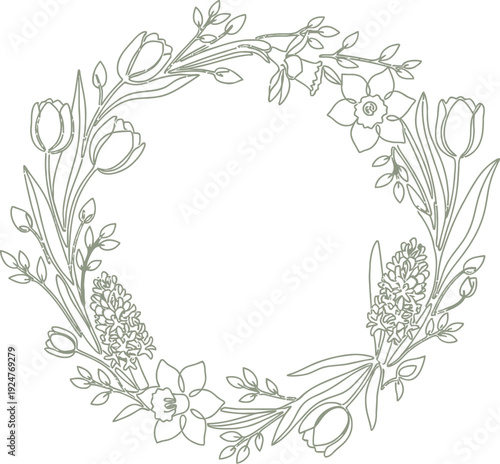 Elegant continuous line art drawing of a beautiful spring floral wreath featuring delicate tulips, cheerful daffodils, and fragrant hyacinths, perfect for invitations or decorative elements.