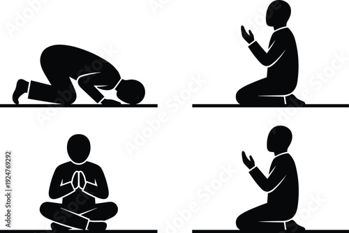 Islamic prayer silhouette set showing Muslim man performing salah positions including prostration, sitting and dua gesture religious worship illustration