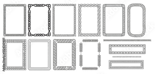 Celtic Knot Frames, Border Set with Braided Corners and Interlaced Ornaments, vector collection featuring interwoven geometric designs, heritage certificate borders, medieval and Norse decoration 