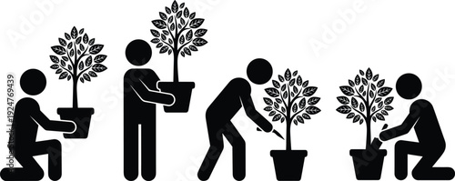 People planting tree silhouette collection showing gardening activity, environmental care, plant nurturing and sustainable nature conservation lifestyle illustration