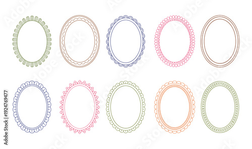 A collection of ten oval picture frames in various colors and designs on transparent background