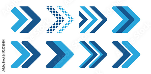 A collection of blue arrow icons on a white background with various shades and styles on transparent background