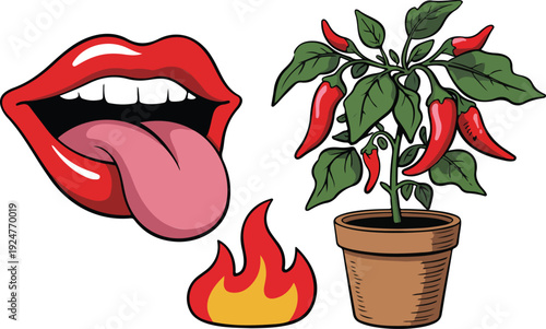 A stylized cartoon illustration of red lips with white teeth and a protruding tongue, accompanied by a small red flame symbol.