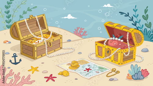 Treasure chests overflowing with jewels on ocean floor