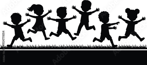 Happy children jumping and running silhouette illustration showing playful kids enjoying outdoor activity, active childhood lifestyle and joyful movement