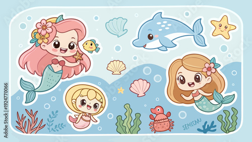 Whimsical mermaids swim with friendly sea creatures underwater