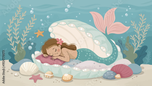 Little mermaid sleeping peacefully on ocean floor surrounded by seashells