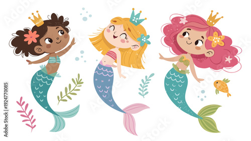 Diverse mermaid girls with colorful tails and crowns swimming together