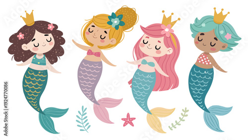 Diverse mermaid princesses in colorful tails with crowns and flowers