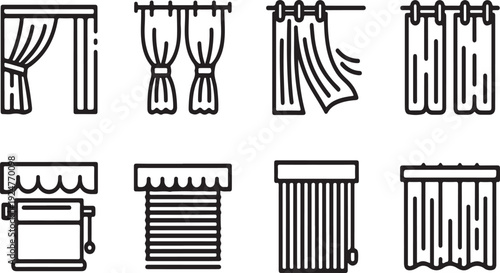 A variety of window coverings including curtains, blinds, and shutters Vector