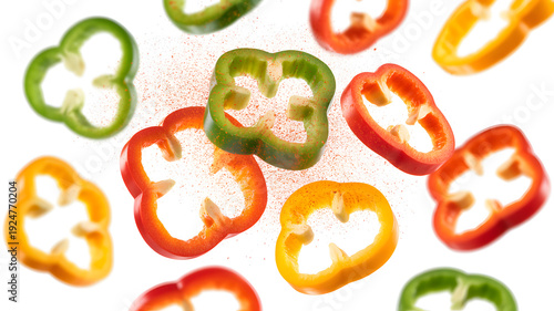 A colorful arrangement of sliced bell peppers on a white background