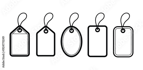 A set of five blank tag icons in various shapes on transparent background