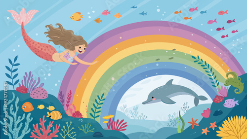 Mermaid and dolphin swimming through rainbow underwater scene