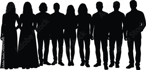 Large group of standing people silhouettes, diverse men and women full body black vector illustration isolated background