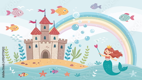 Whimsical mermaid queen near magical underwater castle with rainbow