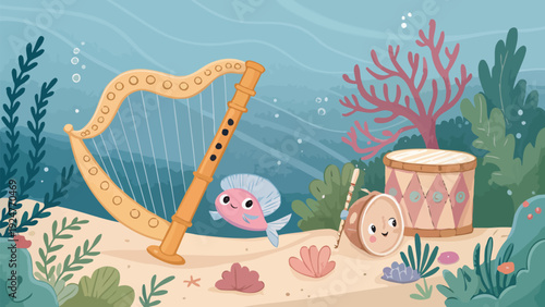 Whimsical underwater scene with musical instruments and playful fish