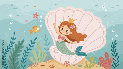 Whimsical mermaid princess sitting in giant seashell underwater