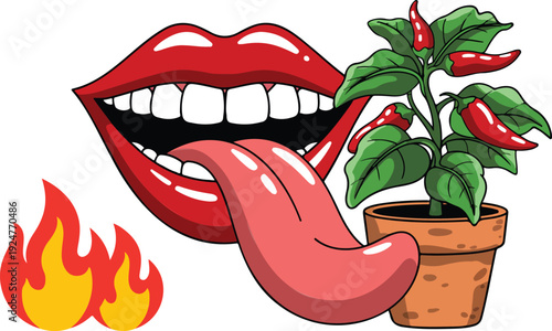 A stylized cartoon illustration of red lips with white teeth and a protruding tongue, accompanied by a small red flame symbol.