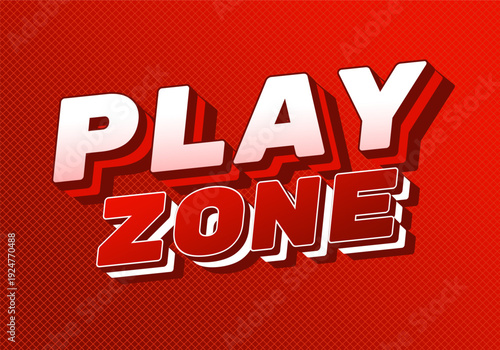 Bold 3D play zone text in white and red on textured red background, comic style, dynamic playful design.