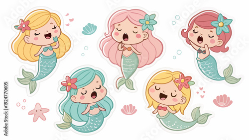 Cute mermaids laughing and smiling with flowers in hair