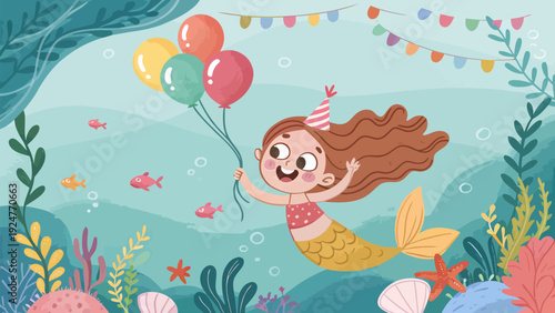 Happy little mermaid celebrating underwater with colorful balloons