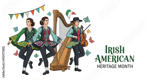 Illustration of Irish American Heritage Month celebration with people dancing and playing musical instruments