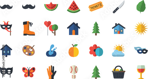 Flat Icon Collection Vector Illustration Set with House Tree Sun Mask Watermelon Knife Ticket and Seasonal Symbols Isolated on White Background