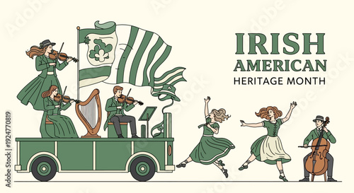 Vector illustration of people celebrating Irish American Heritage Month with a parade float and traditional music and dance.