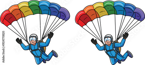 A cartoon illustration of a skydiver in a bright blue jumpsuit performing a jump with a colorful rainbow-colored parachute.