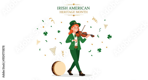 A cartoon Irish man in green attire plays the violin with a drum and festive decorations around him to celebrate Irish American Heritage Month.
