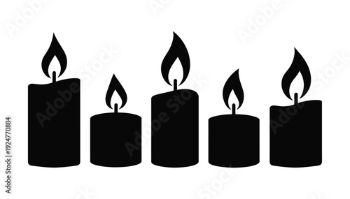 Five black silhouette candles with lit flames on transparent background