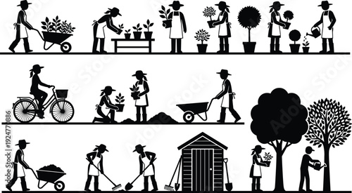Gardening and landscaping silhouette set showing gardeners planting, watering plants, transporting soil, pruning trees and maintaining outdoor garden environment