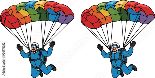 A cartoon illustration of a skydiver in a bright blue jumpsuit performing a jump with a colorful rainbow-colored parachute.