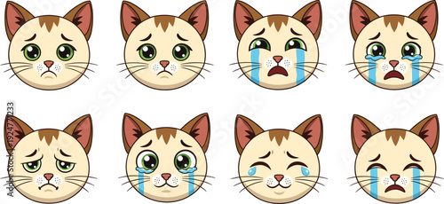 Sad Crying Cat Emoji Collection Vector Illustration Set with Cute Kitten Facial Expressions and Teardrops Isolated on White Background