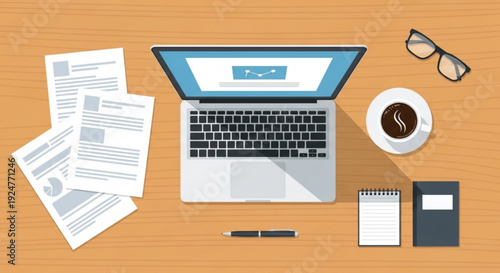 Office workspace with laptop papers coffee and stationery on wooden desk for productivity and business work